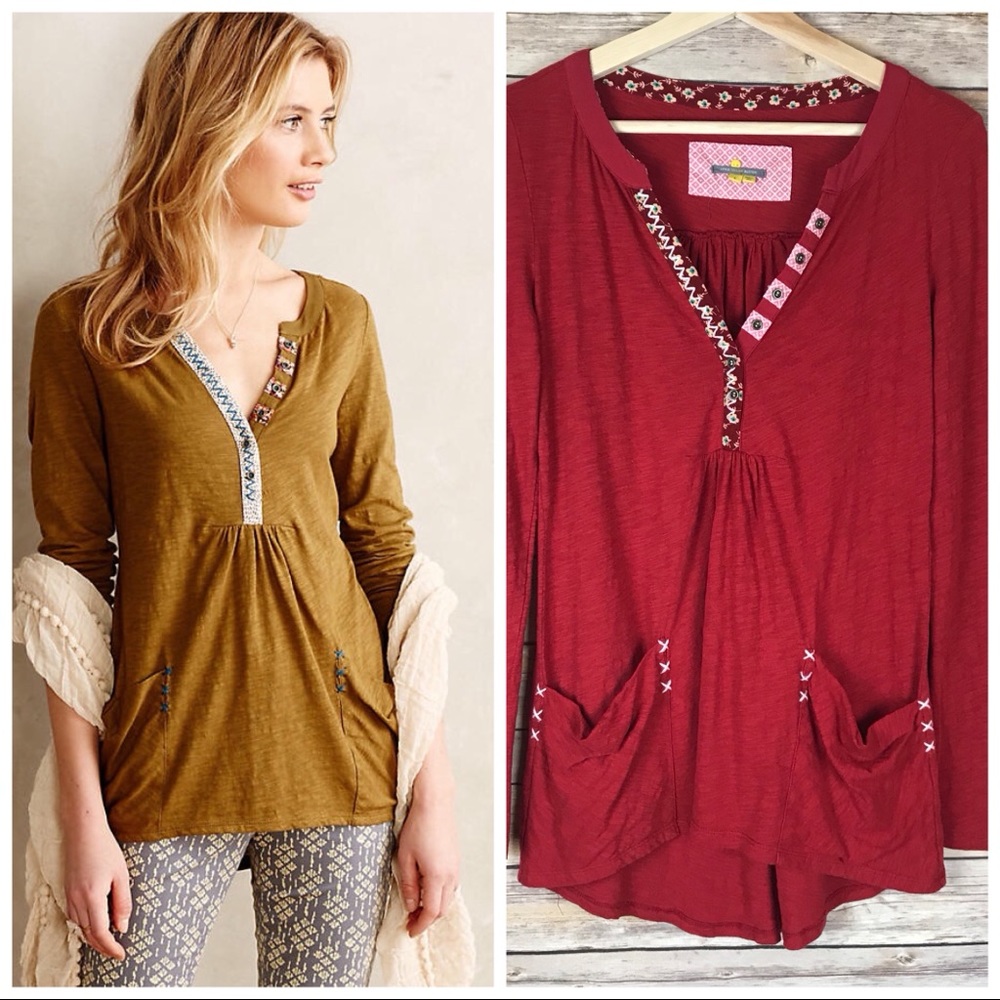 Anthropologie Little Yellow Button Calantha Pocket Henley Red Pockets Boho Sz S